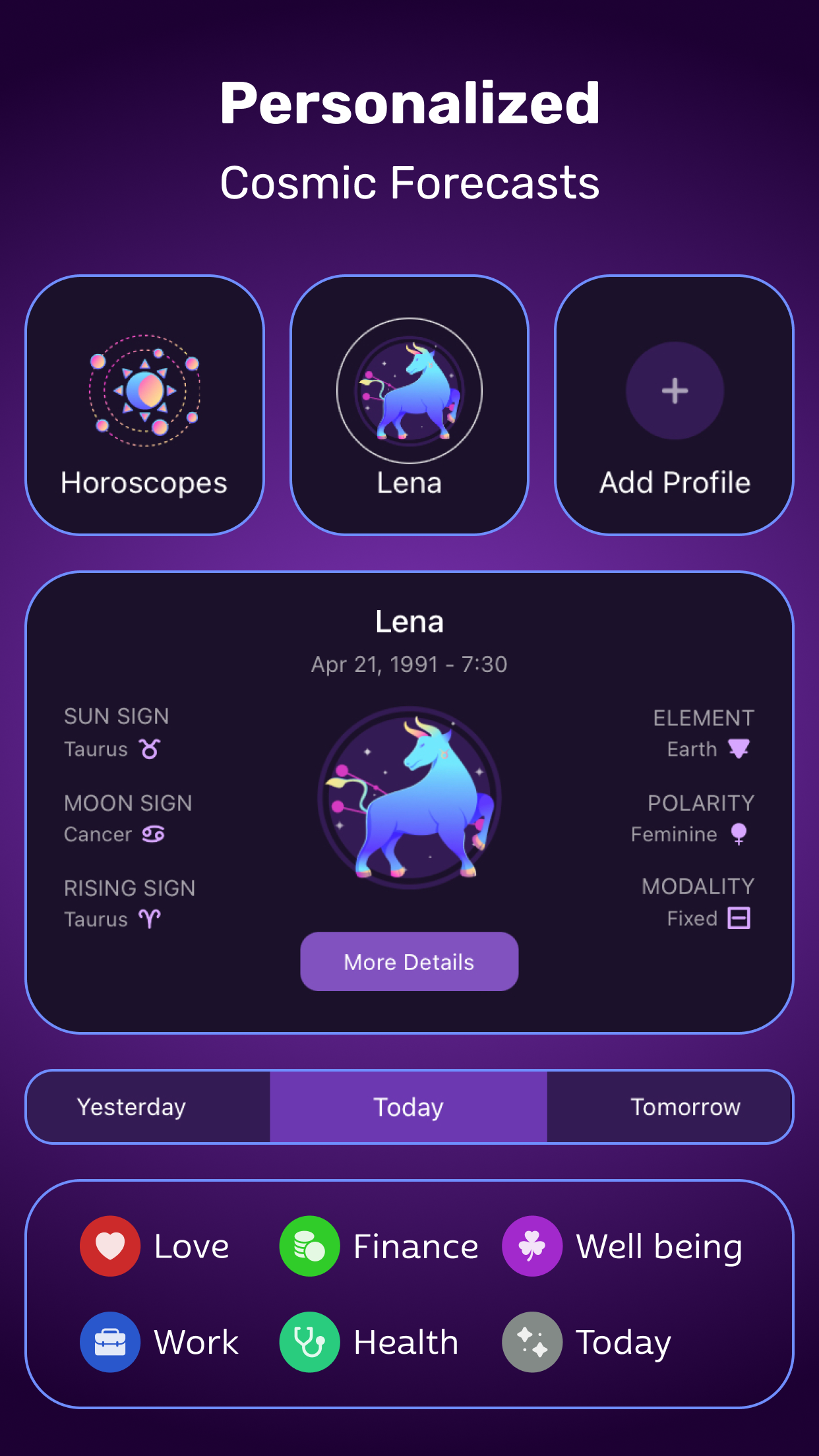 Personalized Taurus profile with Sun, Moon and Rising sign in the Daily Horoscope astrology app