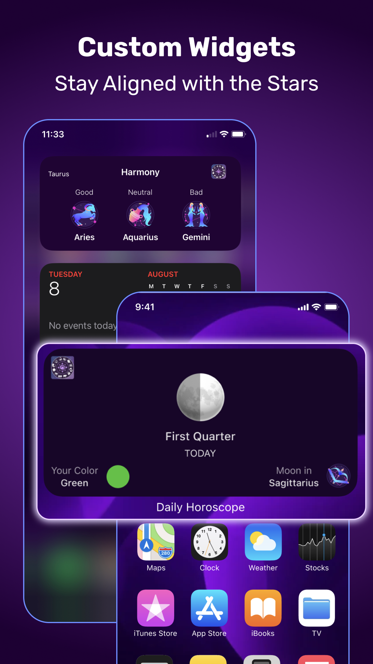 iPhone widgets showing the zodiac harmony match of the day and moon phase
